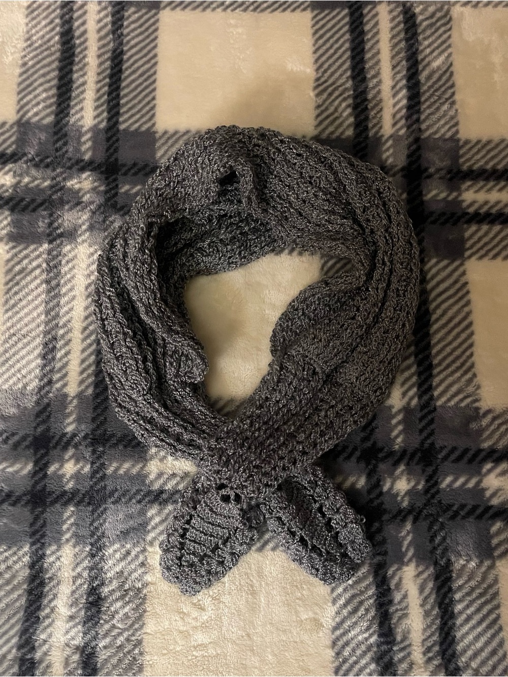 Handmade Cozy Knit Metallic Gray Bow Scarf - Women's Accessory